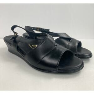 SAS Caress Cross Strap Wedge Sandal Women's 7.5 Black Leather Open Toe Slingback
